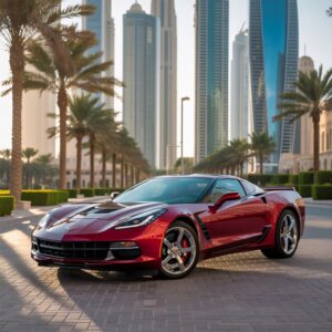 Sleek red Chevrolet Corvette sports car parked in downtown Dubai with skyscrapers in the background — Fly Ride Car Rental Dubai.
