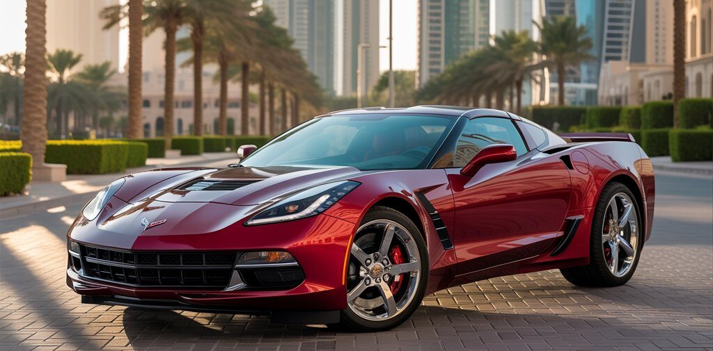 Sleek red Chevrolet Corvette sports car parked in downtown Dubai with skyscrapers in the background — Fly Ride Car Rental Dubai.
