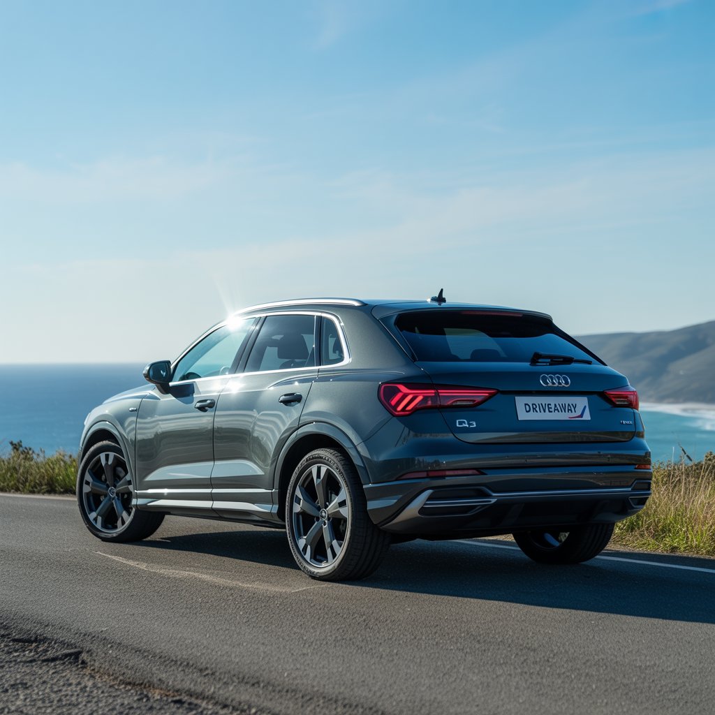 A sleek grey Audi Q3 SUV parked on a coastal road, with stylish LED taillights, large alloy wheels, and the ocean visible in the background under a clear blue sky —ideal for promoting rent Audi Q3 in Dubai.