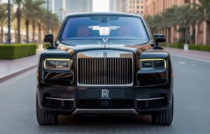 Rolls Royce Cullinan Black parked in luxury Dubai district, premium wedding and event rental car – Fly Ride Car Rental Duba