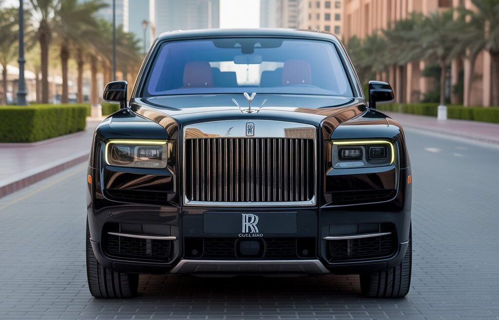 Rolls Royce Cullinan Black parked in luxury Dubai district, premium wedding and event rental car – Fly Ride Car Rental Duba