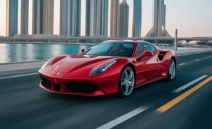 Red Ferrari supercar on a Dubai road with the Burj Khalifa skyline in the background, promotional banner reading “Why Ferrari Rental in Dubai Is Every Supercar Lover’s Choice,” representing luxury driving with Fly Ride Car Rental.