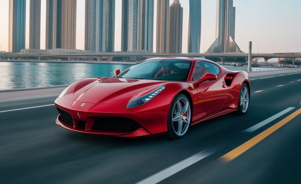 Red Ferrari supercar on a Dubai road with the Burj Khalifa skyline in the background, promotional banner reading “Why Ferrari Rental in Dubai Is Every Supercar Lover’s Choice,” representing luxury driving with Fly Ride Car Rental.