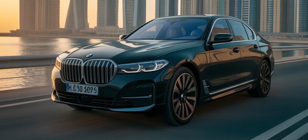 Luxury BMW sedan driving along Dubai Marina with modern skyscrapers at sunset, showcasing premium BMW rental experience in Dubai.